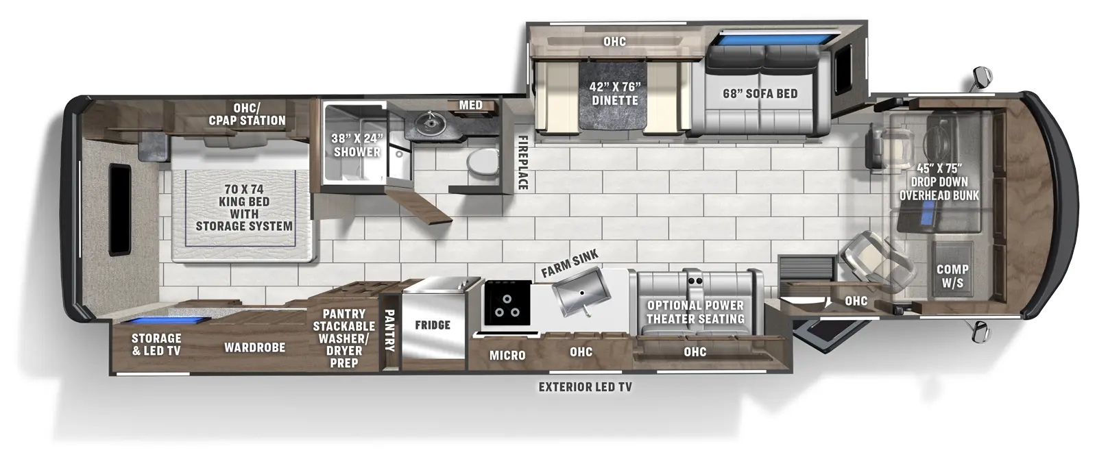 The Encore 355DS has 2 slide outs located 1 on the off-door side and 1 door side; 1 entry door. Interior layout from front to back; front cockpit with drop down front bunk and computer work station on the door side; door side theater seating, kitchen with farm sink microwave above stovetop and fridge and panty; off-door side 68 inch sofa bed with LED TV and 42 inch by 78 inch dinette with overhead cabinets; off-door side bathroom with 38 inch by 24 inch shower, toilet, sink and linen; door side panty and washer and dryer prep; rear bedroom 70 inch by 74 inch foot facing king bed with storage system and overhead cabinet and CPAP station, door side LED TV with wardrobe and dresser. Optional power theater seating. Exterior door side LED TV.